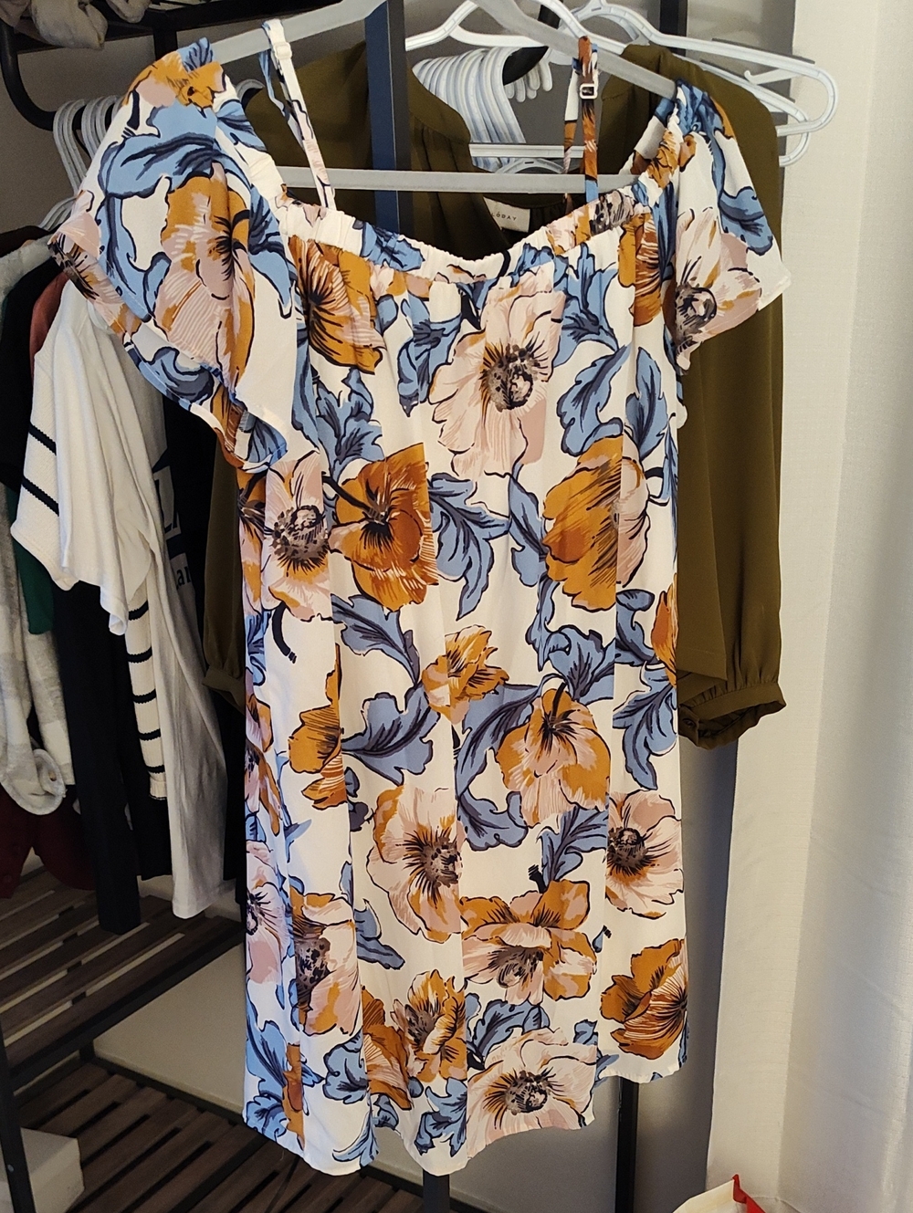 Blue Rain One-Shoulder Floral Dress - White, Blue & Mustard